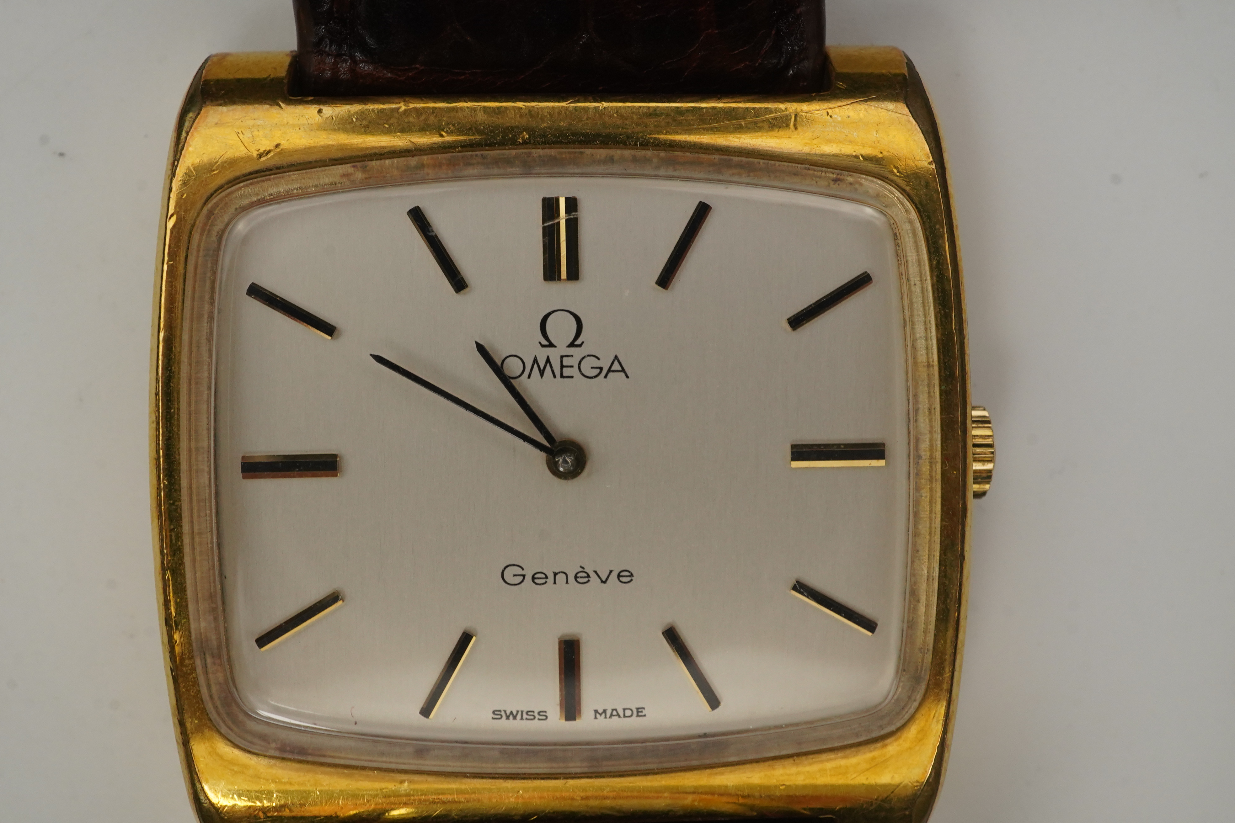 A gentleman's 1970's? steel and gold plated Omega manual wind dress wrist watch, on a later associated leather strap